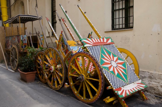 Some Sicilian painted carts outside a museum dedicated to them